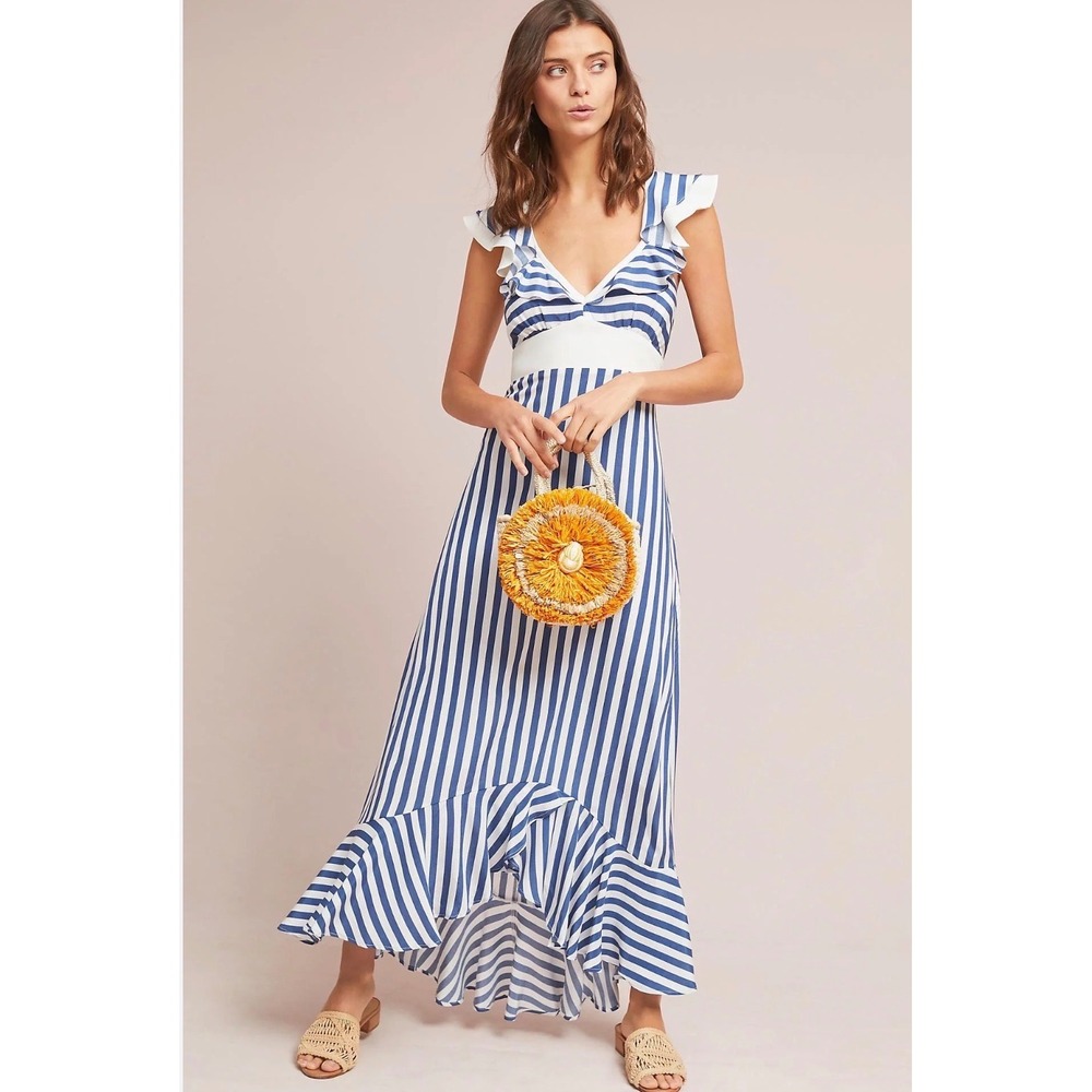 Larke Stripe Maxi Dress Women 4P Blue White Ruffle High Low Nautical Summer Boho